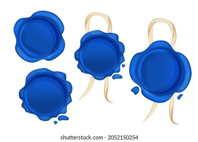Set wax seal round stump blue color with rope in cartoon style isolated on white background. Confidential, quality symbol. . Vector illustration