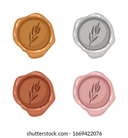 Set wax seal stamps - golden, silver, bronze, rose gold. Decorative cartoon mockup. Vintage post signet illustration for wedding invitation, letters, calligraphy design. Vector isolated on white 