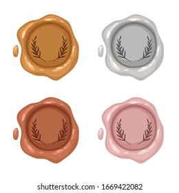 Set wax seal stamps - golden, silver, bronze, rose gold. Decorative cartoon mockup. Vintage post signet illustration for wedding invitation, letters, calligraphy design. Vector isolated on white 