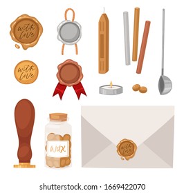 Set of wax seal stamps and other tools - wooden stamper, melting spoon, envelope. Vintage post signet illustration for wedding invitation, letters, calligraphy design. Vector isolated on white 