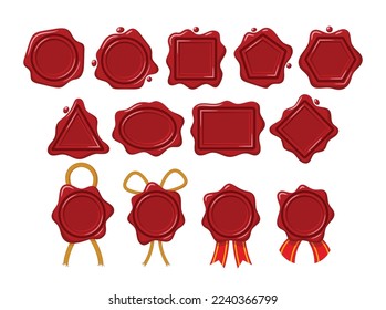 Set Of Waxing Seal Stamps of Different Shapes. Retro Labels, Red Certificate, Document, Letter, Envelope Protection And Certification Guarantee with Ribbons and Ropes. Cartoon Vector Illustration