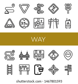 Set of way icons such as Tracking, Uneven, Yield, Height limit, Signpost, Navigator, Crossroads, Highway, Road sign, Gps, Route, Ladder, Golden gate, Stop sign, Direction , way
