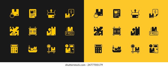 Set Waybill, Cargo ship with boxes delivery, Carton cardboard, Scale, Container, Unboxing,  and  icon. Vector