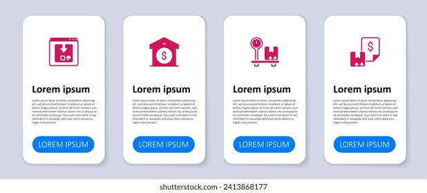 Establece Waybill, Escalar con caja de cartón, precio de almacén y seguimiento de entrega de aplicaciones en línea. Plantilla de infografía empresarial. Vector
