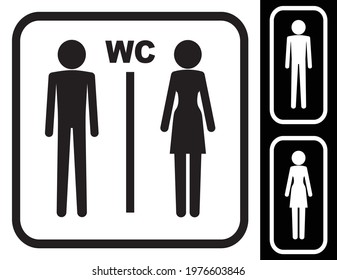 Set of wc glyphs icon. Man and woman stick figure for toilet room. Two persons in one square sign. Illustration print vector