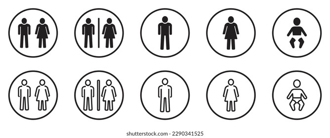 Set von WC-Symbolen, Sanitärsymbol. Männliches und weibliches Badezimmer oder Toilette. Silhouetten für Mann, Frau und Baby, Toilette, Toilettenschilder. Vektorgrafik.