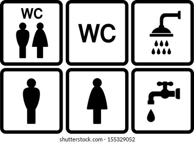 set of wc icons with shower and tap on white background