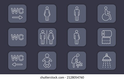 Set of WC Line Icon. Toilet Room Sign. Mother and Baby Room. Public Washroom for Disabled, Male, Female, Transgender Outline Pictogram. Vector Illustration.