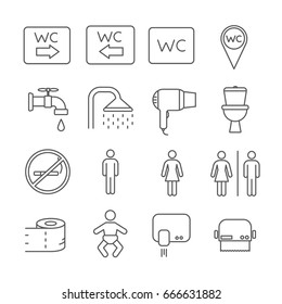 Set Of WC Related Vector Line Icons. Includes Such Icons As Public Toilet, Bathroom, 
Changing Table, Toilet Paper, Dryer, No Smoking Sign 