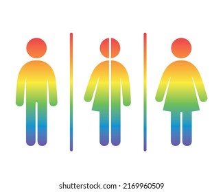 Juego de iconos de signo de WC. LGBT, color arcoiris. Ilustración vectorial sobre el fondo blanco. Iconos de mujeres vectoras. Símbolo de inodoro Unisex