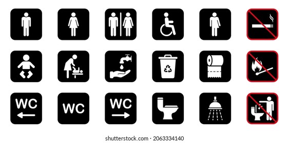 Set of WC Sign. Toilet Room Silhouette Icon. Restroom, Bathroom Pictogram. Mother and Baby Room. Public Washroom for Disabled, Male, Female, Transgender. No smoking Icon. Vector Illustration.