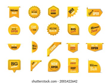 set we are open welcome back stickers coronavirus quarantine is over advertising campaign concept
