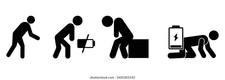 Set of weakness icon collection. stickman battery, stressed, energy indicator, Fatigue symbol. Vector Illustration.