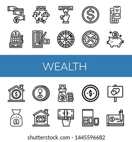 Set of wealth icons such as Cash back, Slot machine, Economy, Sign, Atm, Roulette, Budget, Pay, Piggy bank, Coin, Money bag, Money, Cash, Nuggets, Cheque , wealth