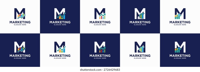 set of wealth management logo. letter M with chart statistic shape. useable for accounting, investment, marketing, wealth management identity icon.