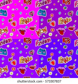 Set of weamless pattern with fashion girl badges in cartoon 60s-70s 80s-90s pop art comic style
emoji, love stitch patches on memphis vector background