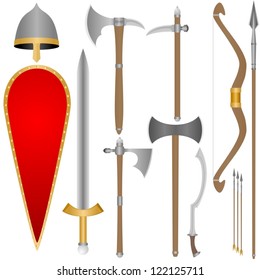 Set of the weapon and armor of the ancient soldier. An illustration on a white background.
