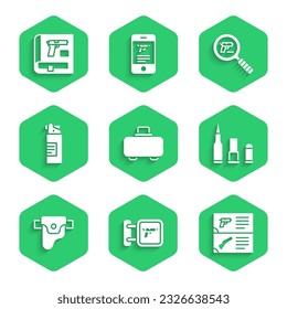 Set Weapon case, Hunting shop weapon, catalog, Bullet, Gun holster, Weapons oil bottle, Pistol or gun search and Book with pistol icon. Vector