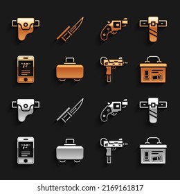 Set Weapon case, Knife holster, Military ammunition box, UZI submachine gun, Shop weapon mobile app, Small revolver, Gun and Bayonet rifle icon. Vector