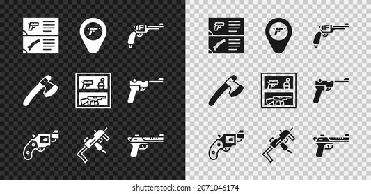 Set Weapon catalog, Location with weapon, Revolver gun, Small revolver, MP9I submachine, Desert eagle, Wooden axe and Hunting shop icon. Vector