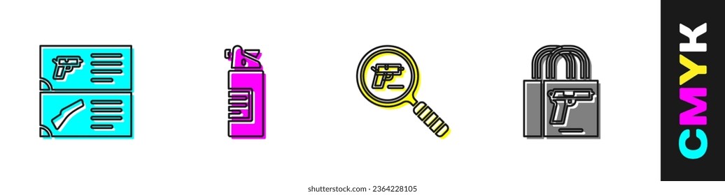 Colocar catálogo de armas, botellas de aceite de armas, búsqueda de pistolas o pistolas y icono de pistola de compra. Vector