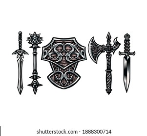 Juego de armas, estilo de línea dibujado a mano con color digital, ilustración vectorial