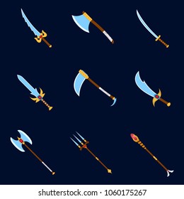 Set of weapon icon. Label of fantasy and medieval weapon. Cartoon style. Vector illustration logo.