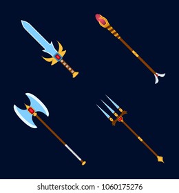 Set of weapon icon. Label of fantasy and medieval weapon. Cartoon style. Vector illustration logo.