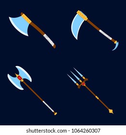 Set of weapon icon. Label of fantasy and medieval weapon. Cartoon style. Vector illustration logo.