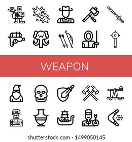 Set of weapon icons such as Paintball, Water gun, Mammoth, Cowboy, Archer, Axe, Fencer, Katana, Mace, Executioner, Soldier, Anthropology, Greek vase, Rpg game, Battleship , weapon