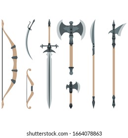 Juego de iconos de armas. Su espada, arco, hacha, lanza, sable.