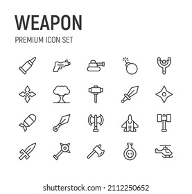 Juego de iconos de línea de arma. Paquete de carteles de moda. Pixel perfecto objetos para interfaz de usuario, aplicaciones y web. 