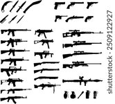 Set of weapon silhouette illustration. Army gun, knife, pistols, assault riffle gun, shotgun, sniper rifle, rocket launcher, grenades.