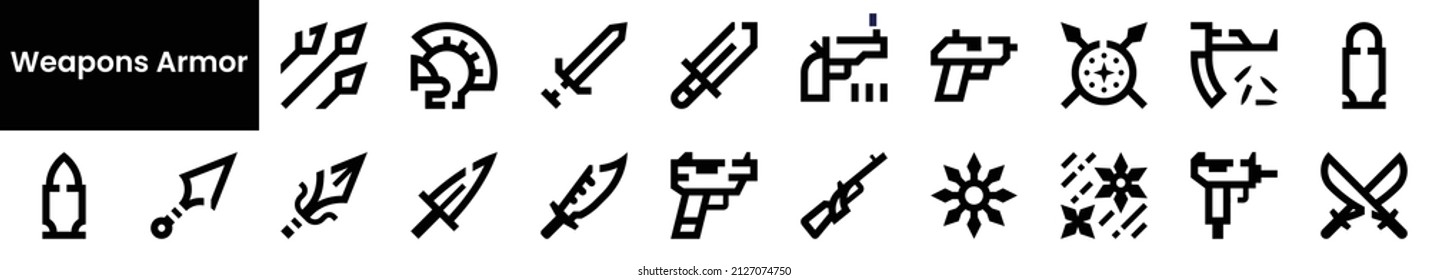 Juego de armas armadura Iconos. Colección de iconos planos negros aislados en fondo blanco