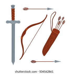 Set weapons - bow, arrow, quiver, sword. Vector design elements.