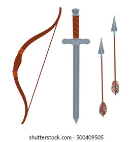Set weapons - bow, arrow, sword. Vector design elements.
