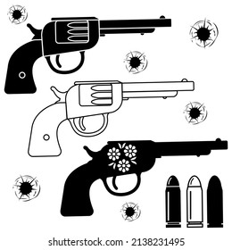 Set of weapons bullets and bullet holes, black stencil vector illustration