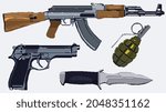 A set of weapons flat pixel art 80s style icons grenade, knife, gun and automatic shotgun isolated vector illustration. Design for sticker, mobile app and logo. Game assets 8-bit sprite
