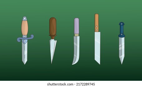 Set of weapons in a flat style. Collection of knives. Vector illustration