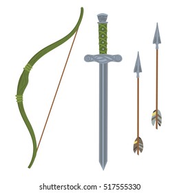 Set weapons - green bow, arrow, sword. Vector design elements.