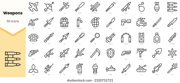 Set von Waffensymbolen. Paket mit einfachen Kunstsymbolen für Linien. Vektorgrafik