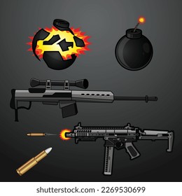 Set of weapons including a long range sniper, semi machine gun or smg, bullets and a bomb and exploding blast vector. best for games or gaming related art projects. development ui object collection.