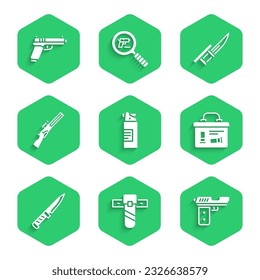 Set Weapons oil bottle, Knife holster, Pistol or gun, Military ammunition box, knife, Hunting, Bayonet rifle and  icon. Vector