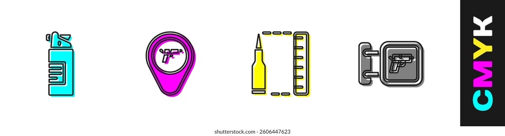 Set Weapons oil bottle, Location with weapon, Bullet and Hunting shop icon. Vector