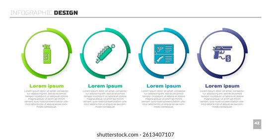 Set Weapons oil bottle, Trap hunting, catalog and Buying gun pistol. Business infographic template. Vector