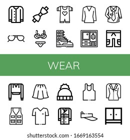 Set of wear icons. Such as Cardigan, Sunglasses, Bow tie, Bikini, Baby clothes, Boot, Blouse, Wardrobe, Uniform, Short, Sweatshirt, Vest, Skirt, Tshirt, Hat, Trench coat , wear icons