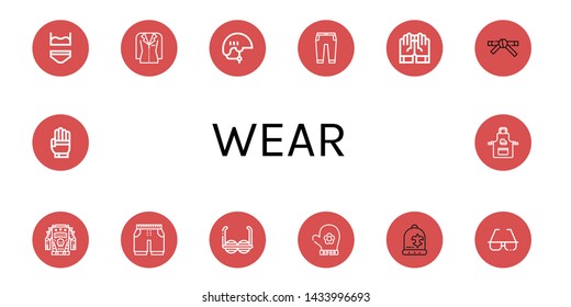 Set of wear icons such as Underwear, Jacket, Helmet, Trousers, Gloves, Black belt, Shorts, Sunglasses, Hand glove, Beanie, Glove, Apron , wear