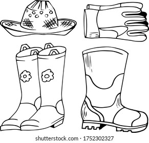 A set wear to work in the garden. Everything for gardening. Drawing doodling. Manual of linear drawing. Vector graphics