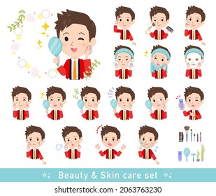 A set of wearing a happi coat man on beauty.There are various actions such as skin care and makeup.It's vector art so easy to edit.