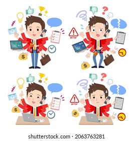 A set of wearing a happi coat man who perform multitasking in the office.It's vector art so easy to edit.